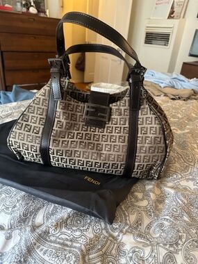 Fendi Beige and Dark Brown FF Logo Shoulder Bag